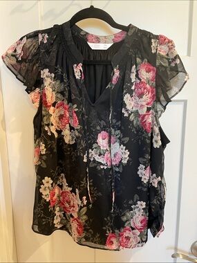 LC Lauren Conrad Black Floral Tie-Front Sheer Blouse